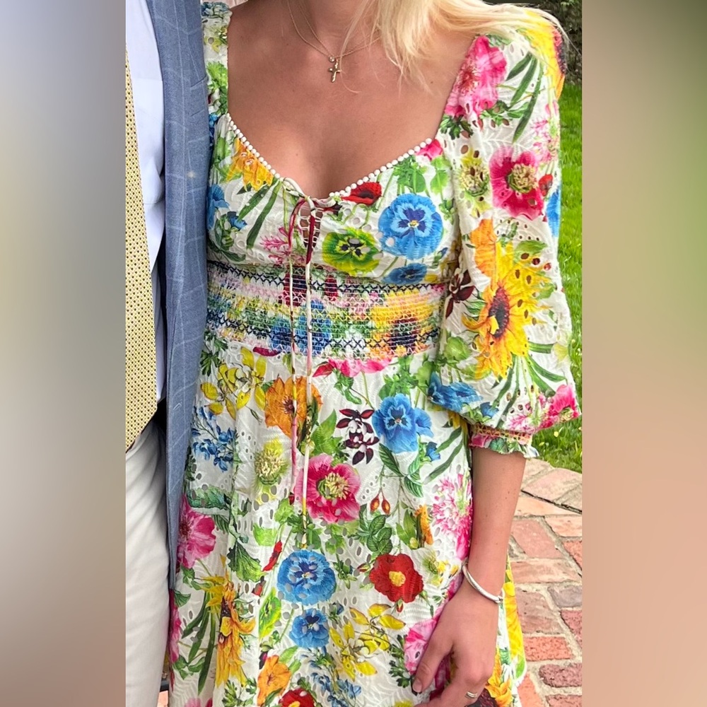 Alice + Olivia Floral Mini Dress in White with Pink, Blue, Yellow & Green - Picture 6 of 6